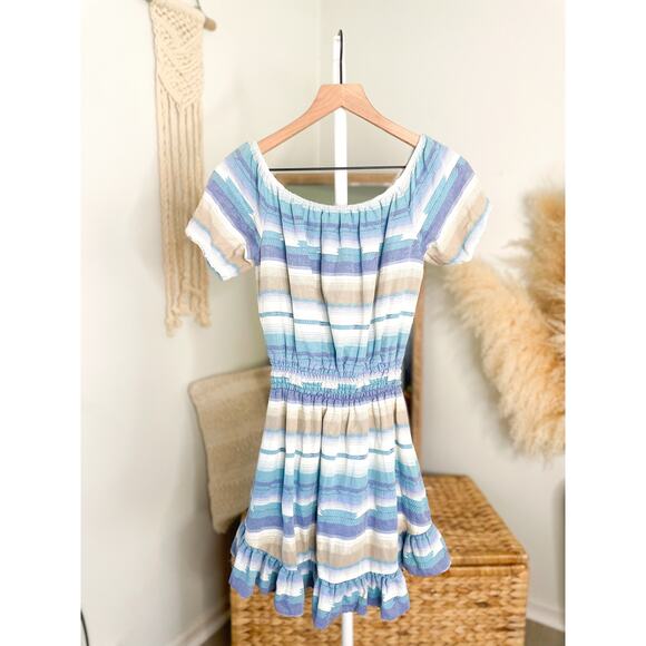 Anthropologie Drew Blue Stripe Off Shoulder Mini Dress Small Puff Sleeve - Picture 6 of 8